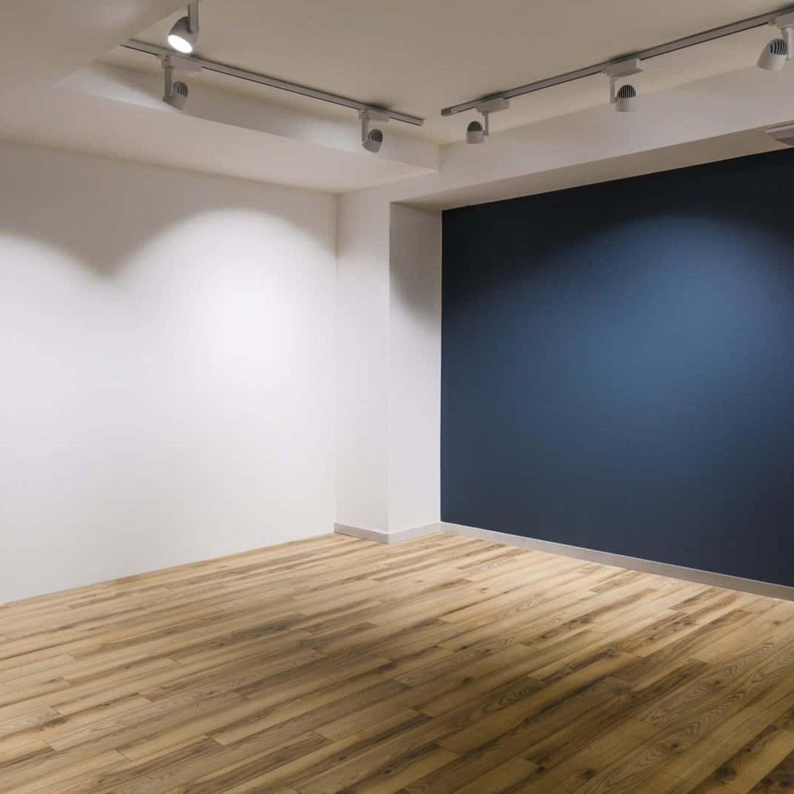 Empty room with dark and white walls and wooden floor